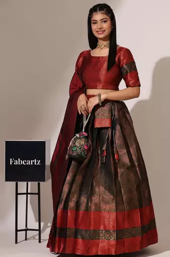 Beautiful South Indian Style Semi-Stitched Half Saree with Blouse and Banarasi Dupatta for Women