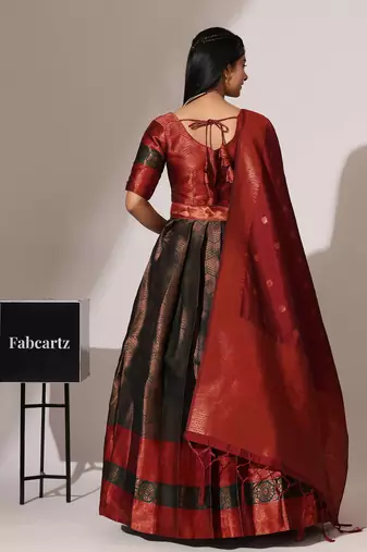 Beautiful South Indian Style Semi-Stitched Half Saree with Blouse and Banarasi Dupatta for Women