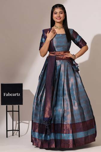 Beautiful South Indian Style Semi-Stitched Half Saree with Blouse and Banarasi Dupatta for Women