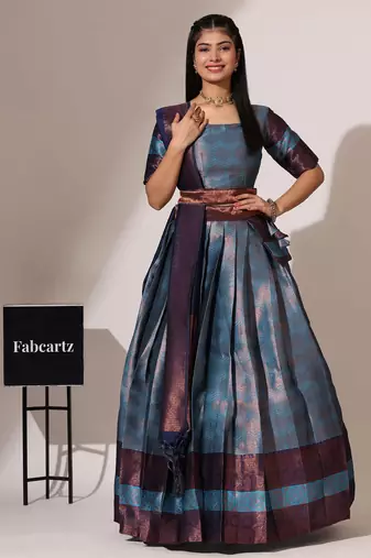 Beautiful South Indian Style Semi-Stitched Half Saree with Blouse and Banarasi Dupatta for Women