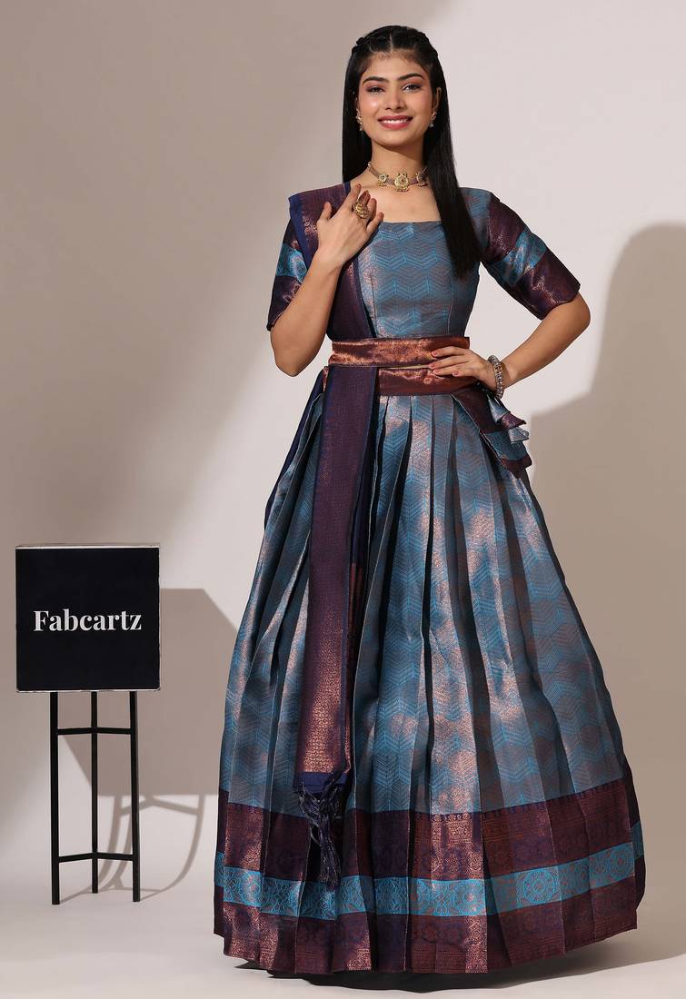 Beautiful South Indian Style Semi-Stitched Half Saree with Blouse and Banarasi Dupatta for Women