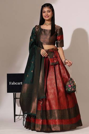 Beautiful South Indian Style Semi-Stitched Half Saree with Blouse and Banarasi Dupatta for Women