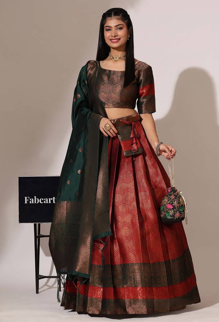 Beautiful South Indian Style Semi-Stitched Half Saree with Blouse and Banarasi Dupatta for Women