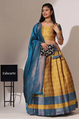 Beautiful South Indian Style Semi-Stitched Half Saree with Blouse and Banarasi Dupatta for Women