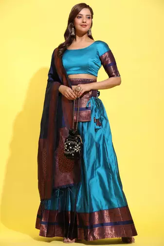 Beautiful South Indian Style Semi-Stitched Half Saree with Blouse and Banarasi Dupatta for Women