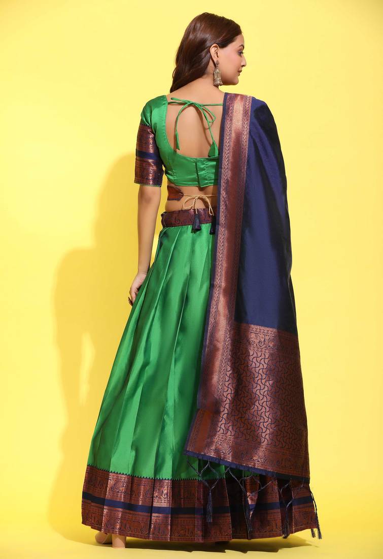 Beautiful South Indian Style Semi-Stitched Half Saree with Blouse and Banarasi Dupatta for Women