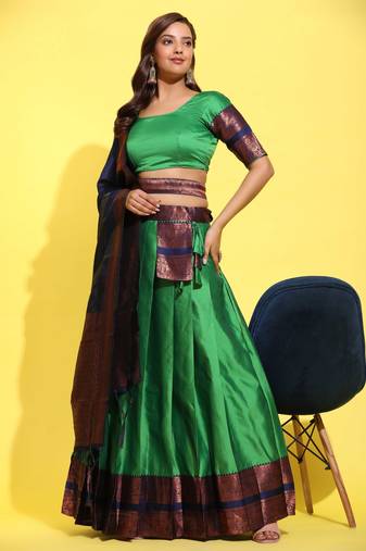 Beautiful South Indian Style Semi-Stitched Half Saree with Blouse and Banarasi Dupatta for Women