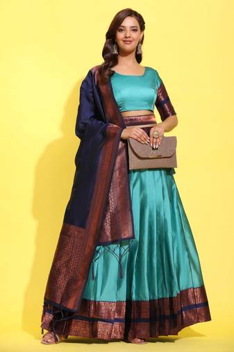 Beautiful South Indian Style Semi-Stitched Half Saree with Blouse and Banarasi Dupatta for Women