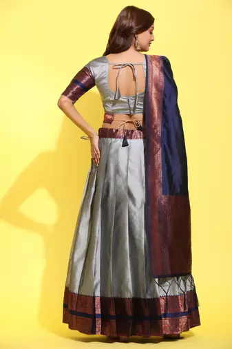 Beautiful South Indian Style Semi-Stitched Half Saree with Blouse and Banarasi Dupatta for Women