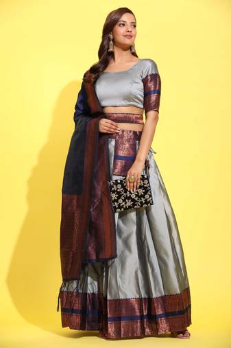 Beautiful South Indian Style Semi-Stitched Half Saree with Blouse and Banarasi Dupatta for Women