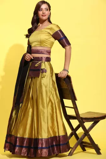 Beautiful South Indian Style Semi-Stitched Half Saree with Blouse and Banarasi Dupatta for Women