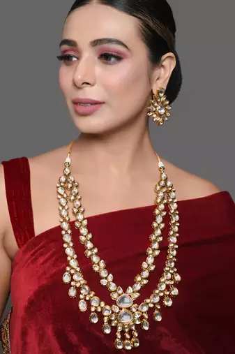 Handcrafted double layer kundan necklace with statement earrings