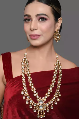 Handcrafted double layer kundan necklace with statement earrings
