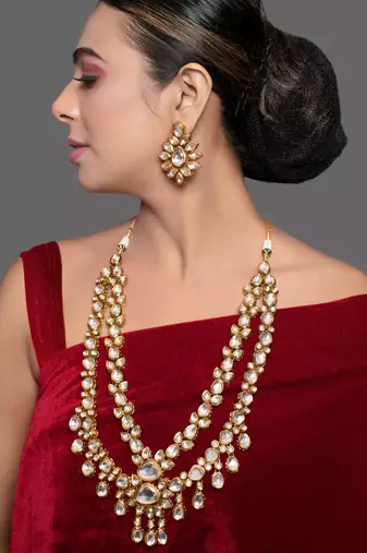 Handcrafted double layer kundan necklace with statement earrings