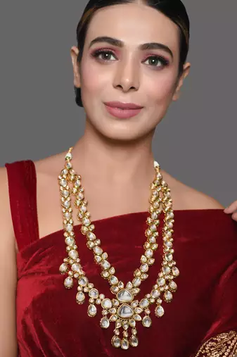 Gold plated long  kundan statement necklace