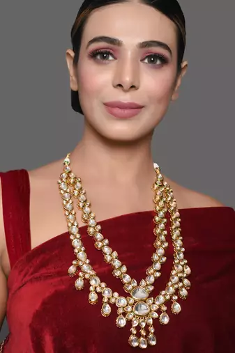 Gold plated long  kundan statement necklace