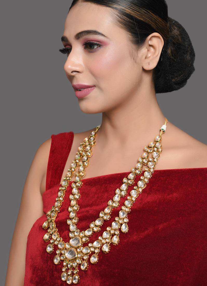 Gold plated long  kundan statement necklace