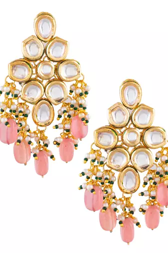 Handcrafted kundan & peach beaded statement earrings
