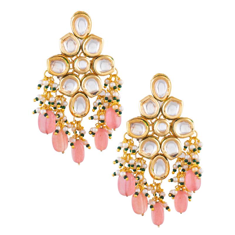 Handcrafted kundan & peach beaded statement earrings