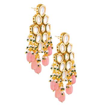 Handcrafted kundan & peach beaded statement earrings 2