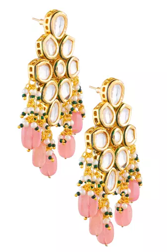 Handcrafted kundan & peach beaded statement earrings