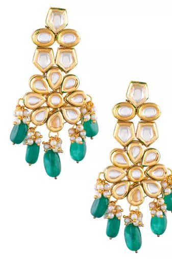 kundan earrings with green beads & meenakari back