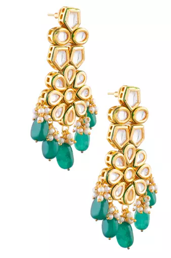 kundan earrings with green beads & meenakari back