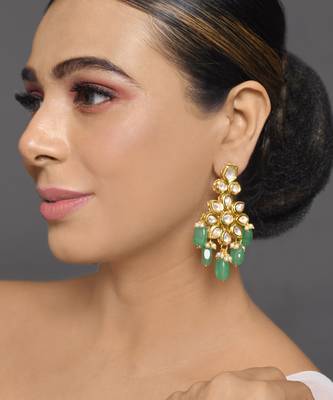 Handcrafted kundan floral earrings with green beads 1