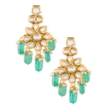 Handcrafted kundan floral earrings with green beads 3