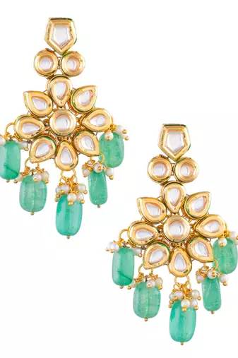 Handcrafted kundan floral earrings with green beads