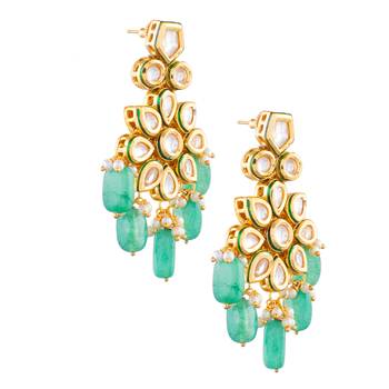 Handcrafted kundan floral earrings with green beads 4