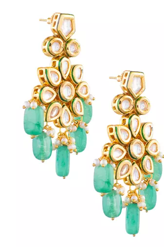 Handcrafted kundan floral earrings with green beads