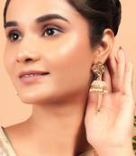 Gold-toned kundan square stud jhumka earrings with pearls