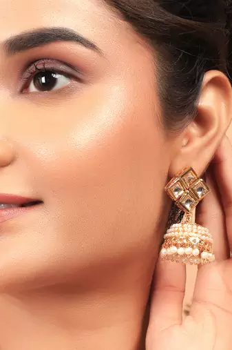 Gold-toned kundan square stud jhumka earrings with pearls