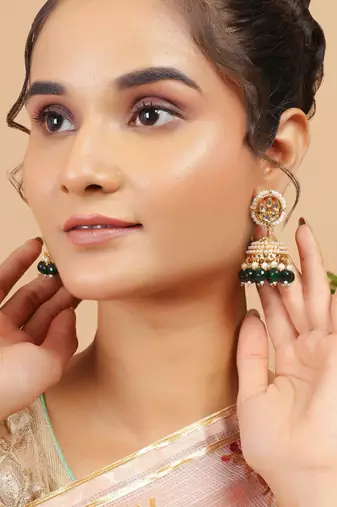 Kundan jhumka earrings with green beads & pearl