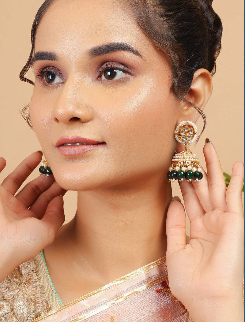 Kundan jhumka earrings with green beads & pearl