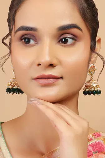 Kundan jhumka earrings with green beads & pearl