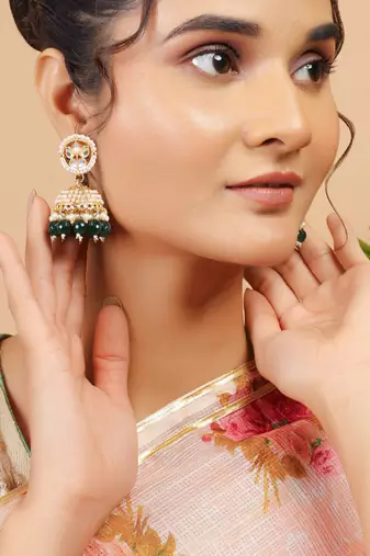 Kundan jhumka earrings with green beads & pearl
