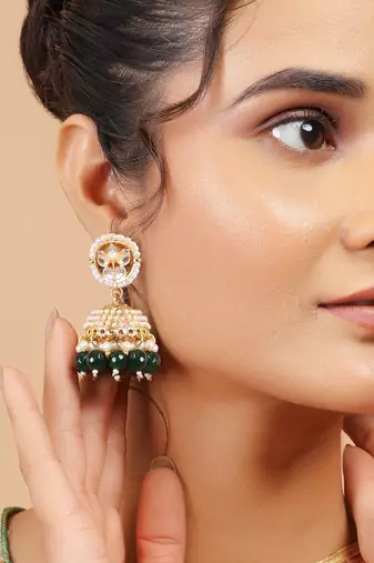 Kundan jhumka earrings with green beads & pearl