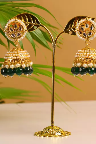 Kundan jhumka earrings with green beads & pearl