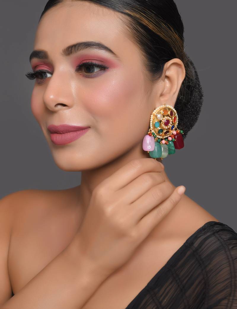 Gold-toned navratna kundan earrings