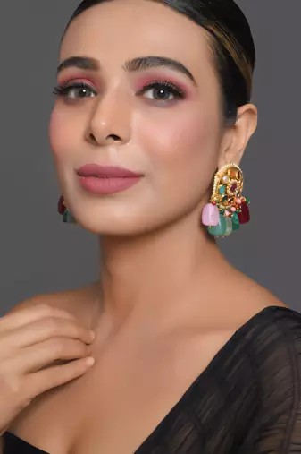Gold-toned navratna kundan earrings