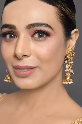 Gold-toned kundan pearl jhumka earrings