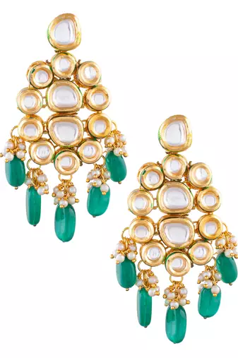 Handcrafted kundan dangler earrings with emerald beads