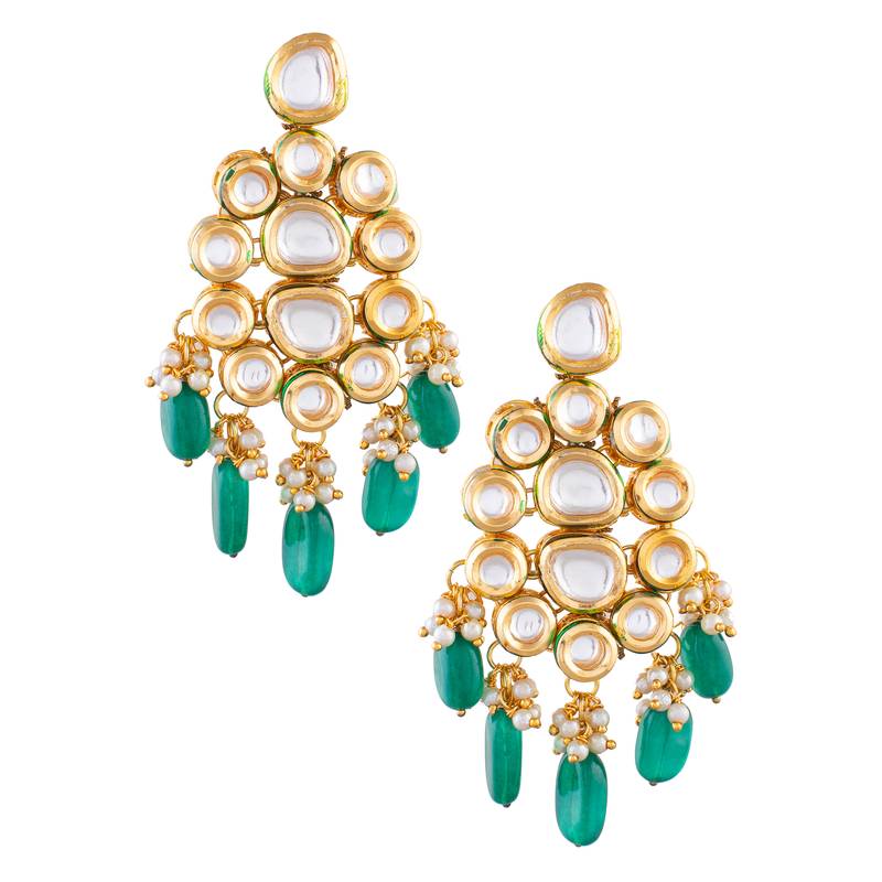 Handcrafted kundan dangler earrings with emerald beads