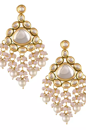 Handcrafted kundan drop earrings with pearl bead tassels