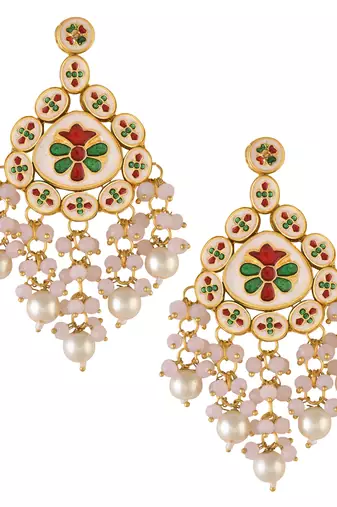 Handcrafted kundan drop earrings with pearl bead tassels