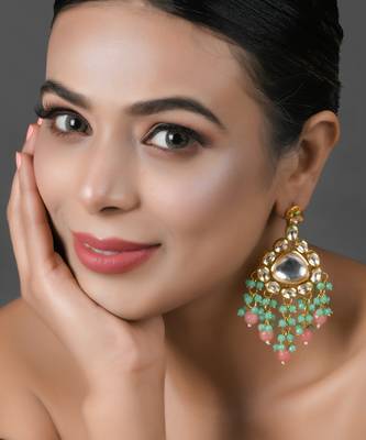 Handmade kundan statement earrings with green & pink beads 1