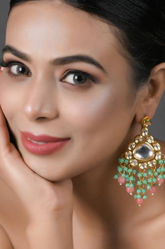 Handmade kundan statement earrings with green & pink beads