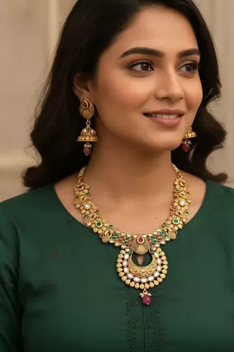 Pink green cz heritage rajwadi brass jewellery set